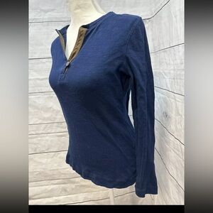 Beautiful Women's Small Ralph Lauren Blue Long Sleeve Knit Blouse Brown Trim